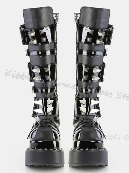 Gothic Boots Knee High Platform Punk Rock Belt Buckle Novelty Leather Thick Bottom
