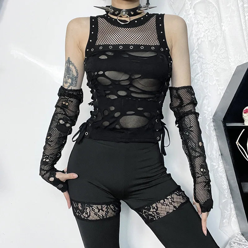 Gothic Crop Tops Tanks Trendy Camisole Fishnet Backless  Vest