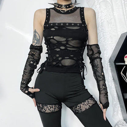 Gothic Crop Tops Tanks Trendy Camisole Fishnet Backless  Vest