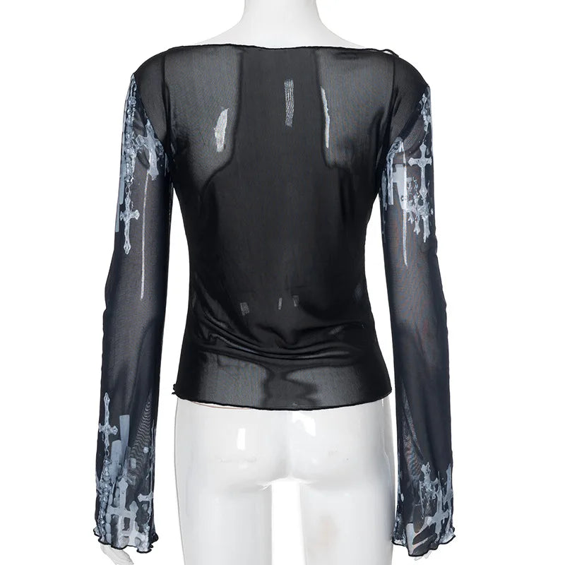 Goth Graphic T Shirts See Through Mesh Top Long Sleeve
