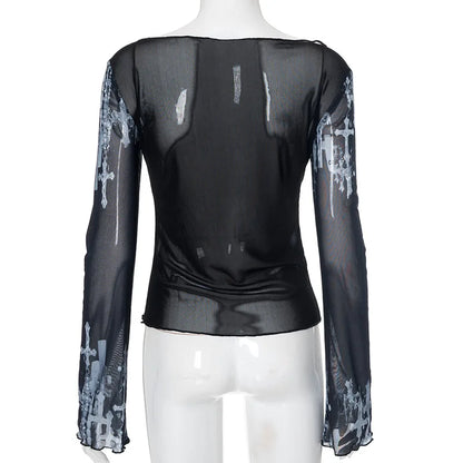 Goth Graphic T Shirts See Through Mesh Top Long Sleeve