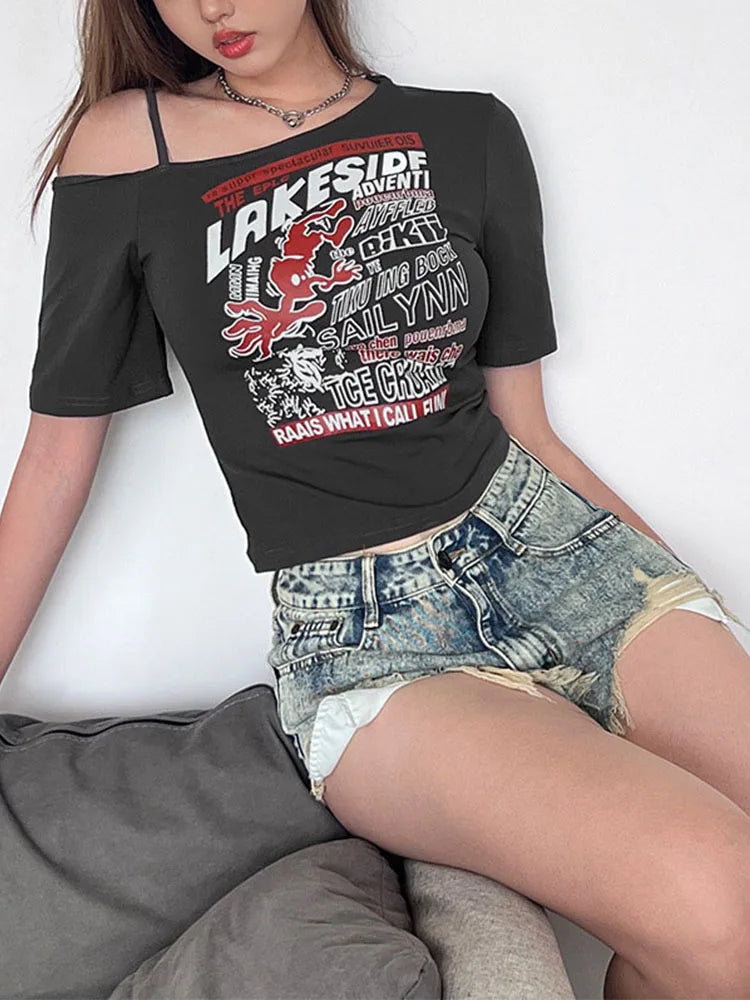 Gothic Print Tee Off Shoulder