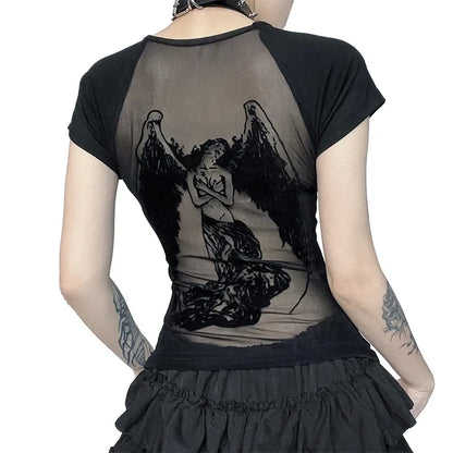 Gothic See Through Angel Graphic Print T-shirt
