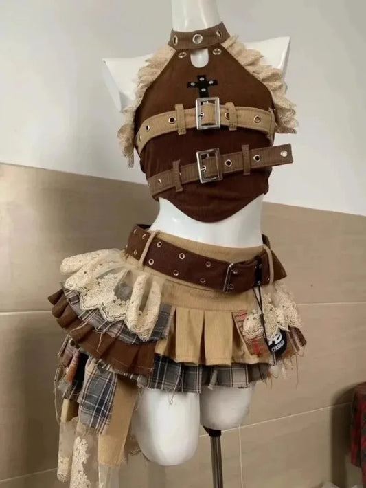 Gothic Punk Vintage Suits Woman Casual Y2k Crop Top Corset Vest + Cake Skirt Evening Party New Korean Style Outfits 2 Piece Sets
