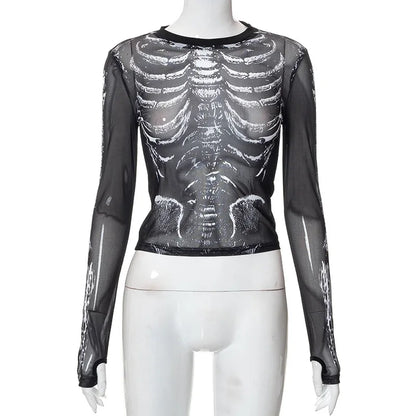 Gothic Skeleton Pattern Round Neck Long Sleeve