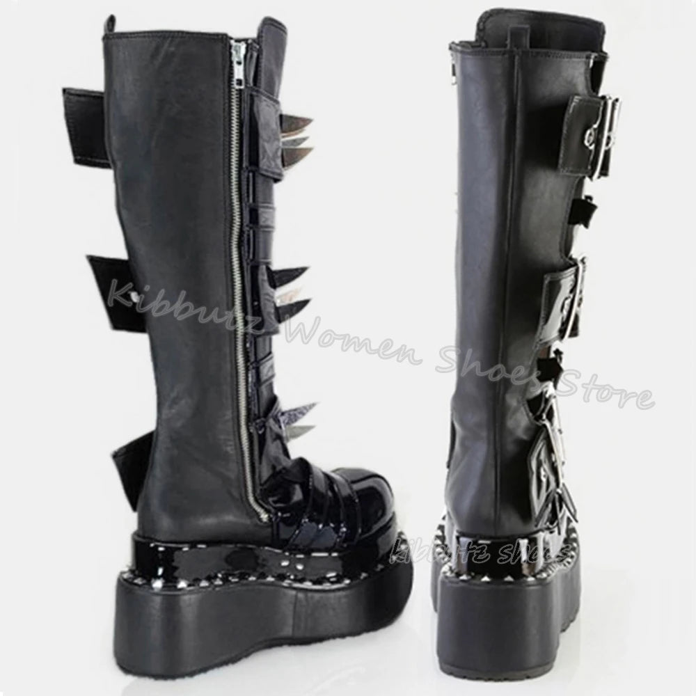 Gothic Boots Knee High Platform Punk Rock Belt Buckle Novelty Leather Thick Bottom