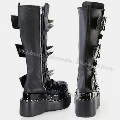 Gothic Boots Knee High Platform Punk Rock Belt Buckle Novelty Leather Thick Bottom