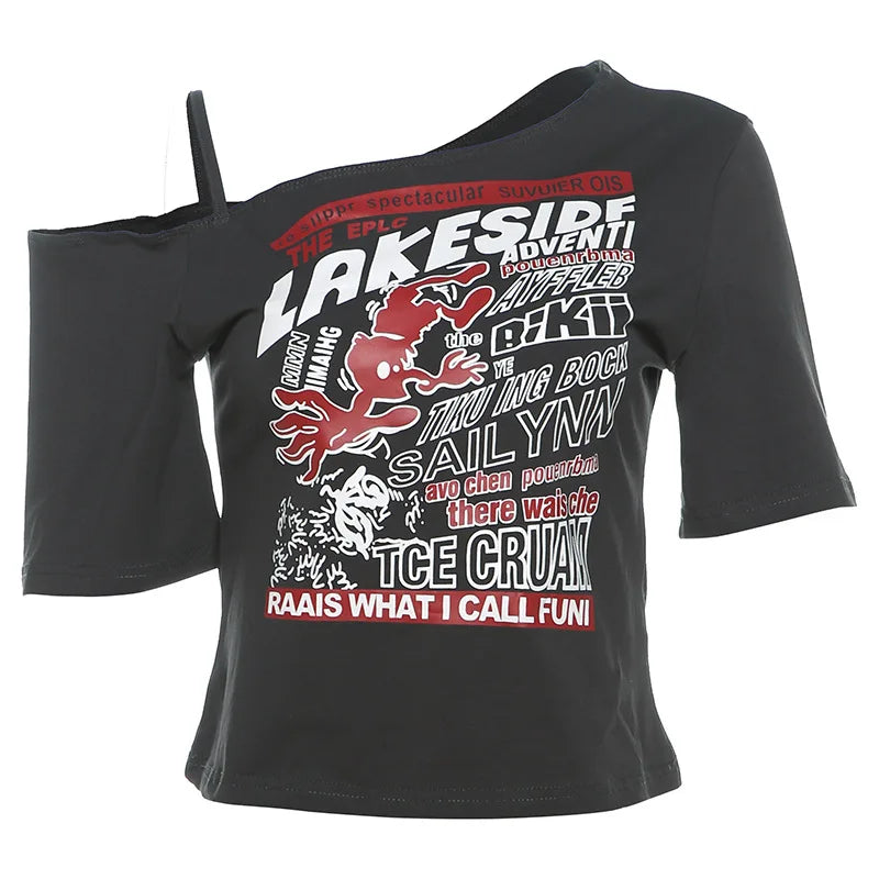 Gothic Print Tee Off Shoulder
