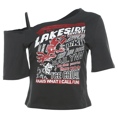 Gothic Print Tee Off Shoulder
