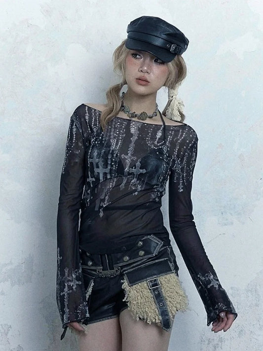 Goth Graphic T Shirts See Through Mesh Top Long Sleeve
