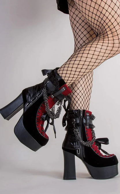 Gothic Style Chain Lace Up Bow Women Short Boots Retro Round Toe Square Heel Chunky Platform Ankle Boots Punk Ladies Party Shoes