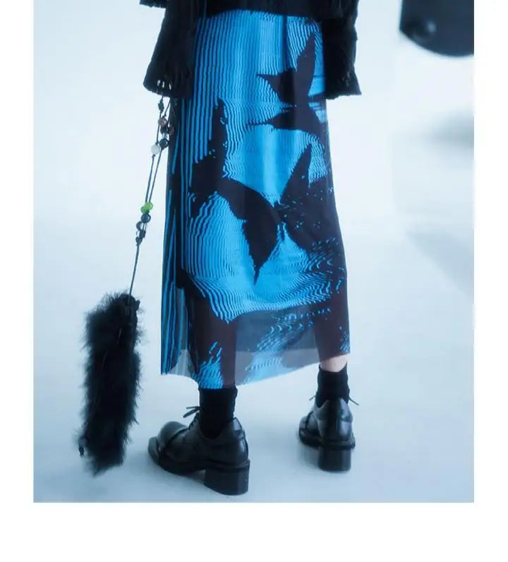 KOSAHIKI Gothic Pleated Skirts Womens Blue Saia Black Butterfly Print High Waist Skirt Woman Y2k Faldas Mujer Moda 2025 Korean