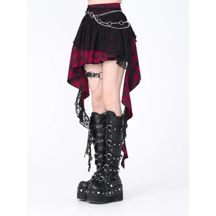 Jupe Lace Plaid Saia High Waist Irregular Mini Skirts