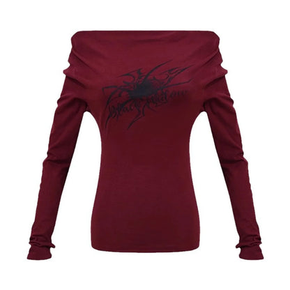 Gothic Print T-Shirts Long Sleeve Off the Shoulders Tops