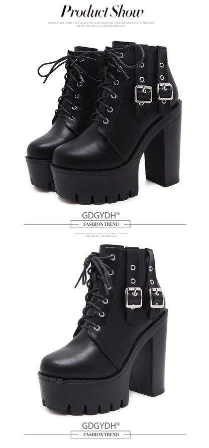 Gdgydh Goth Heeled Boots for Women Nightclub High Platform Heels Shoes Fashion Belt Buckle Short Boots with Zipper
