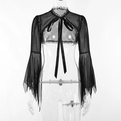 Dark Black Goth Vintage Flared Sleeve Lace Shoulder Cover