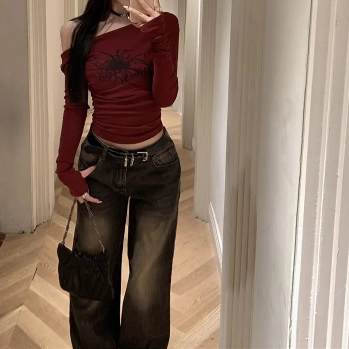 Gothic Print T-Shirts Long Sleeve Off the Shoulders Tops