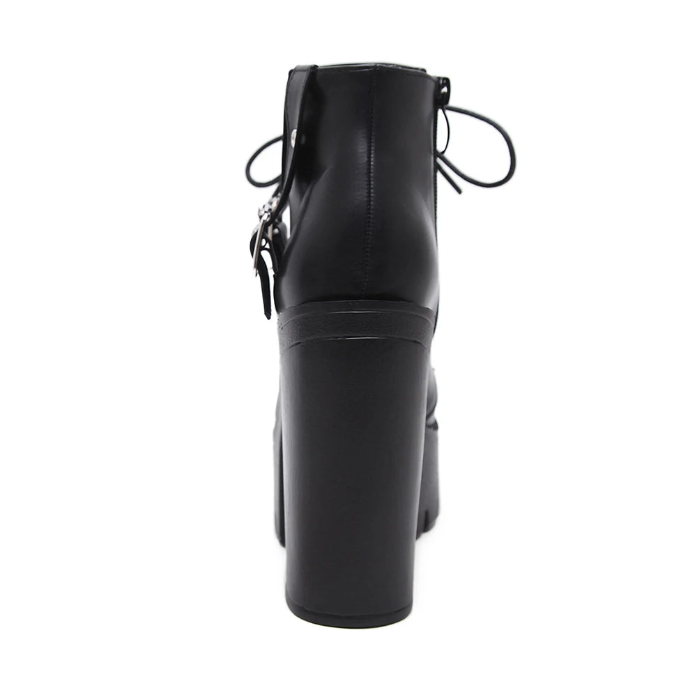 Gdgydh Goth Heeled Boots for Women Nightclub High Platform Heels Shoes Fashion Belt Buckle Short Boots with Zipper