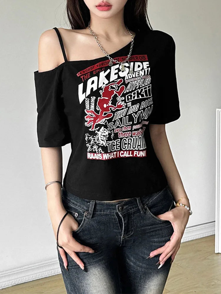 Gothic Print Tee Off Shoulder