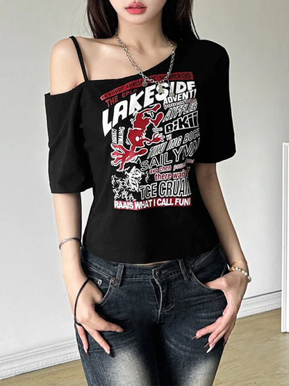 Gothic Print Tee Off Shoulder