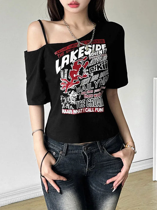 Gothic Print Tee Off Shoulder