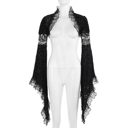 Dark Black Goth Vintage Flared Sleeve Lace Shoulder Cover