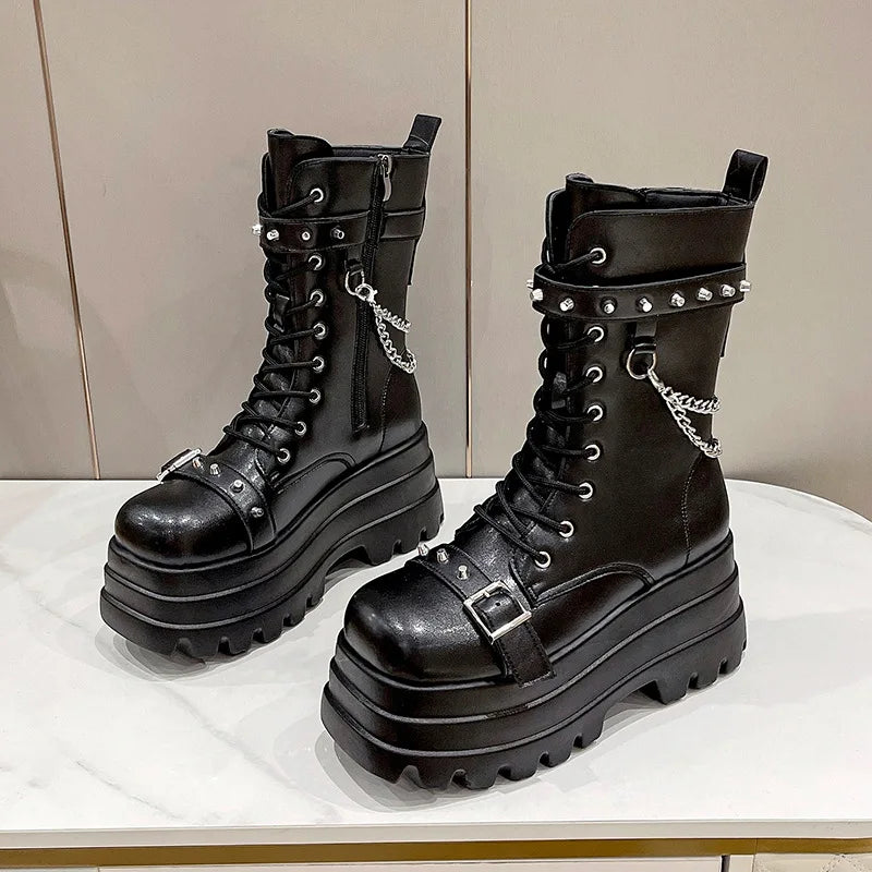 Platform Thick Gothic Boots Lady Buckle Autumn Shoes Women Wedges Knee High Boots Punk Street Cosplay Botas Motorcycle Chain