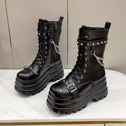 Platform Thick Gothic Boots Lady Buckle Autumn Shoes Women Wedges Knee High Boots Punk Street Cosplay Botas Motorcycle Chain