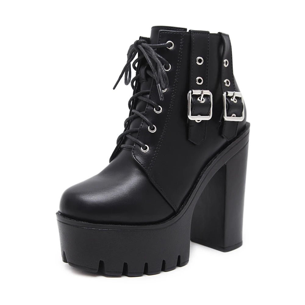 Gdgydh Goth Heeled Boots for Women Nightclub High Platform Heels Shoes Fashion Belt Buckle Short Boots with Zipper