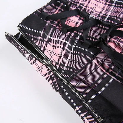 Goth Skirts Summer Y2K Woman Skirts Pink Stripe Plaid Lace Trim Pleated School Plaid Skirt Ladies Aesthetic Tie Up Jupe Femme