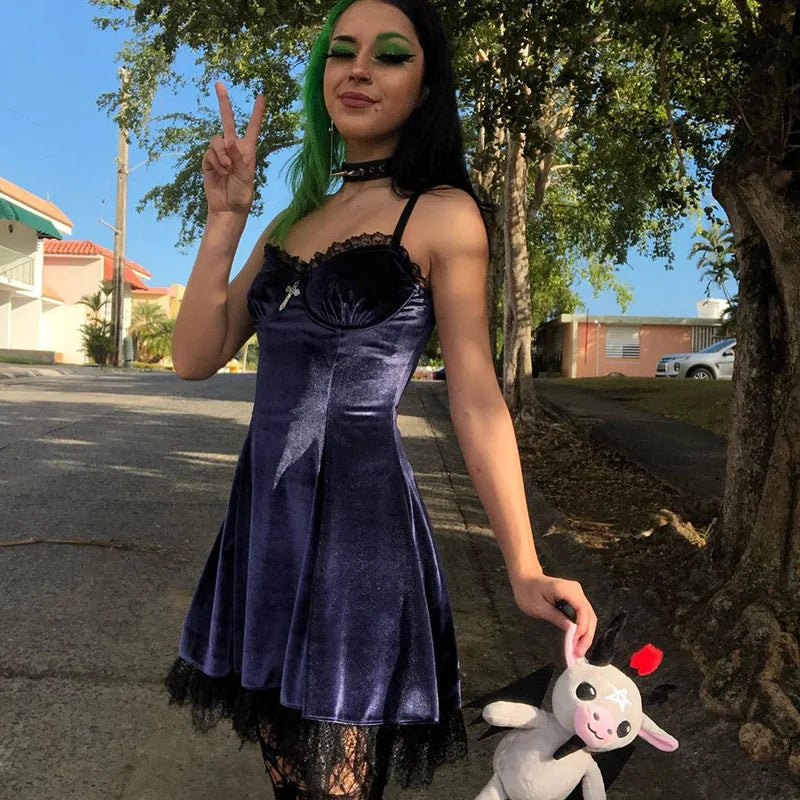 Goth Purple Dress Vintage Velvet A Line Lolita Dress Aesthetic Gothic High Waist Ladies Club Party Dresses