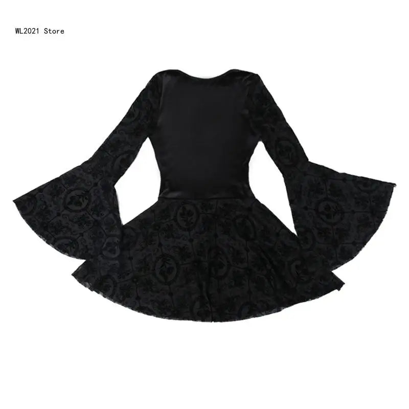 Gothic Dress Black Draped Bodycon Dresses Vintage Dark Flocking Long Skirt Party Birthday Costume for Women Girls