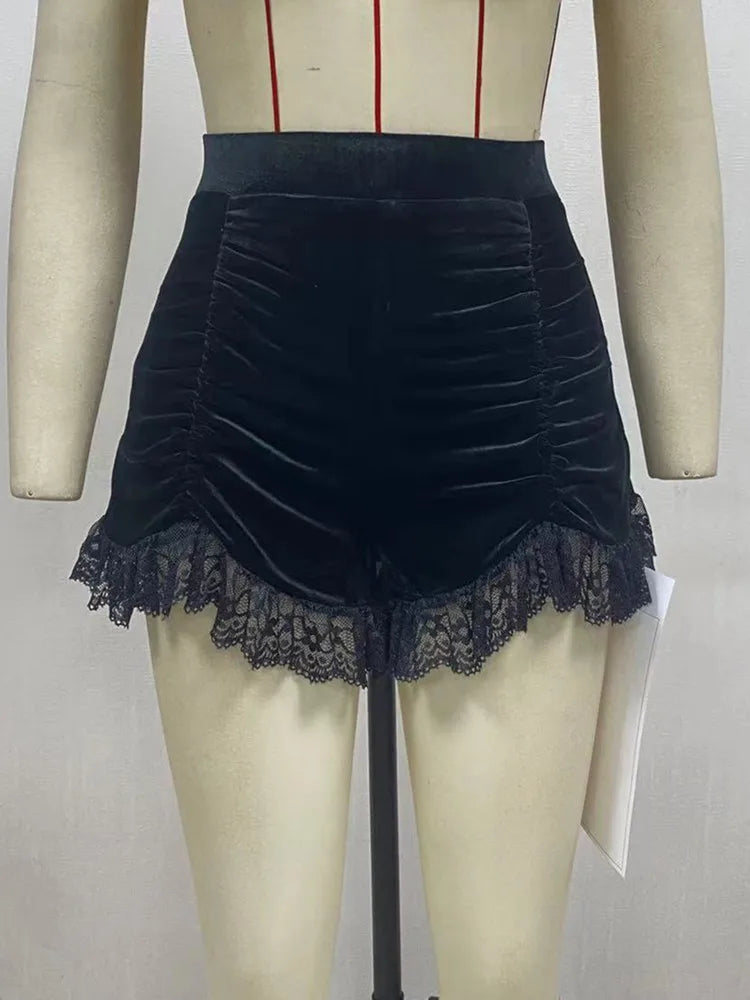 Yangelo Mall Gothic Velvet Ruched Sexy Shorts Skirts E-girl Grunge High Waist Skinny Bottoms Women Lace Hem Fall Alt Clothes