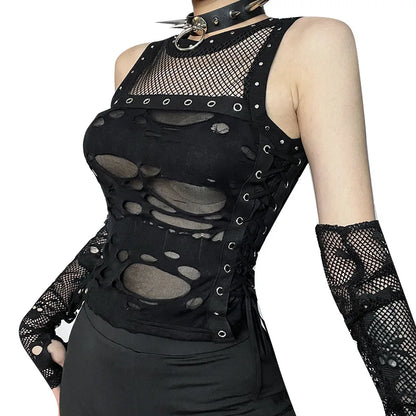 Gothic Crop Tops Tanks Trendy Camisole Fishnet Backless  Vest