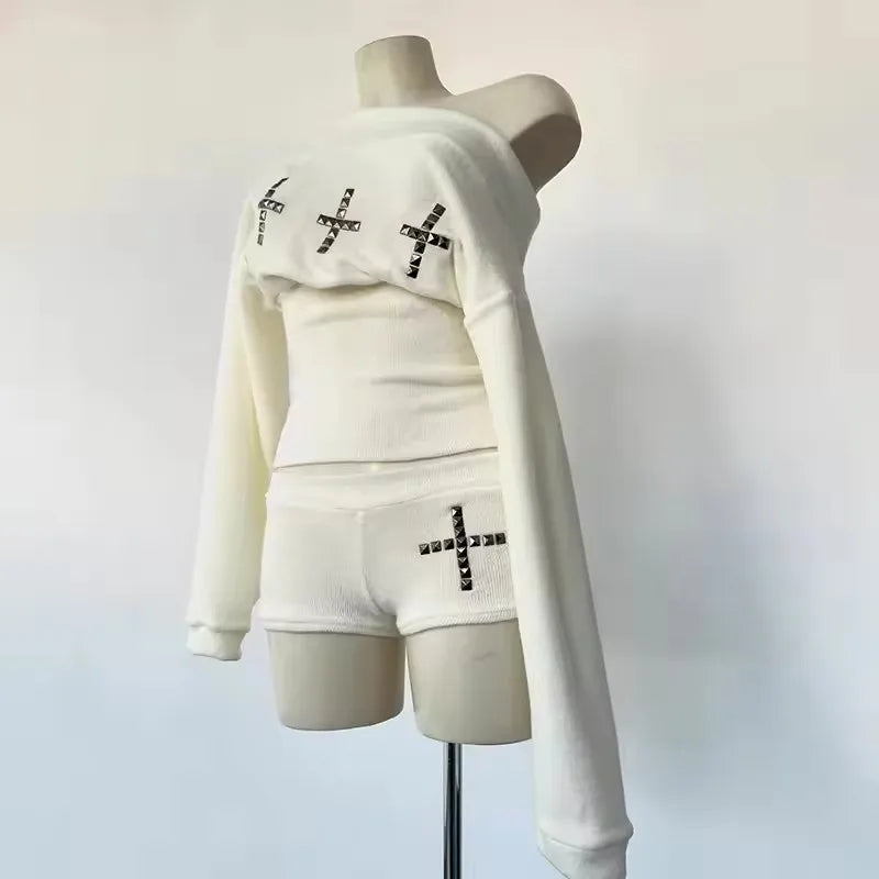 Goth Long Sleeve Two Piece Set Women Off Shoulder Top + Slim Shorts Cross