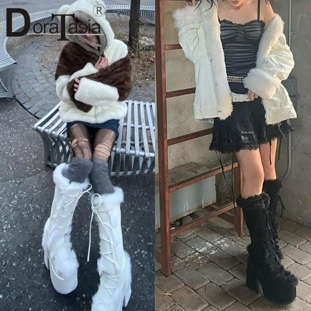 Ladies Goth Platform Boots Fashion Zip Faux Fur Chunky High Heels women's Boots Party Street Autumn Winter Woman Shoes
