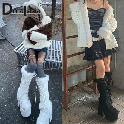 Ladies Goth Platform Boots Fashion Zip Faux Fur Chunky High Heels women's Boots Party Street Autumn Winter Woman Shoes