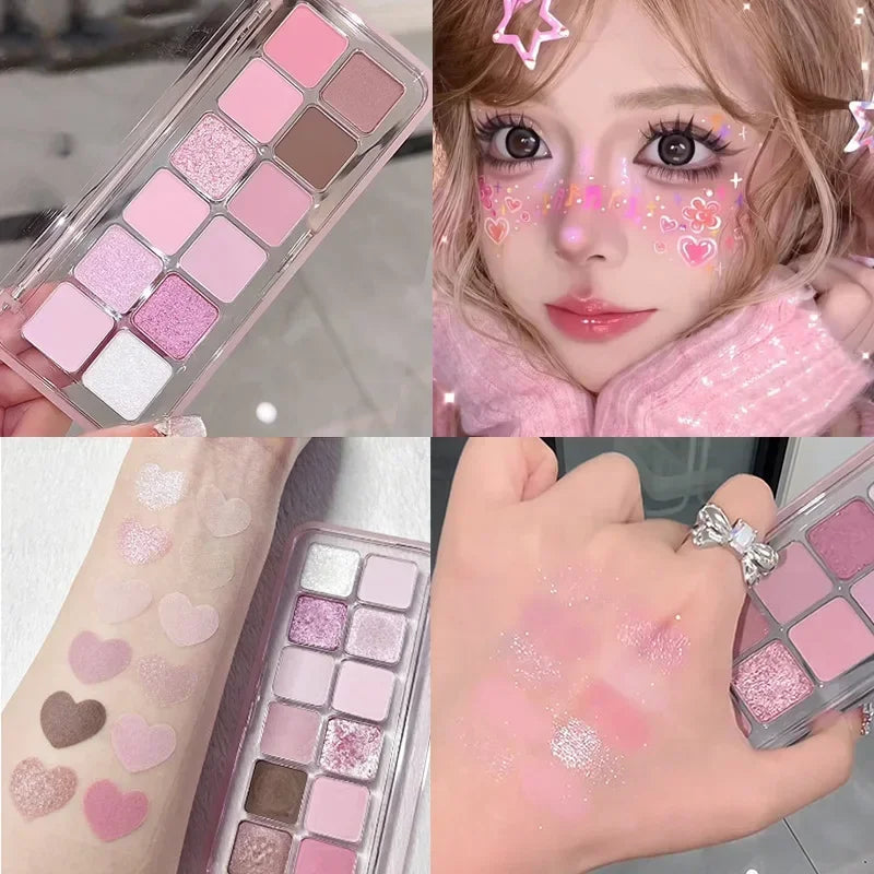 12 Colors Pink Eye Shadow Pallet Clear Glitter Pearl