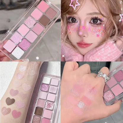 12 Colors Pink Eye Shadow Pallet Clear Glitter Pearl