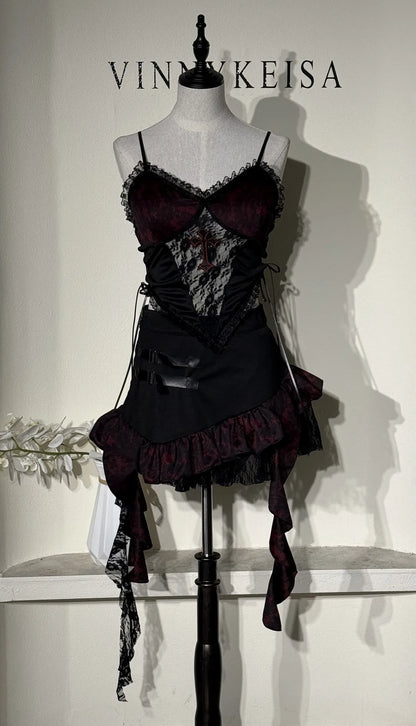 Gothic Costume Women Black Red Lace Halter Cropped Tops with Mini Tutu Skirt Two Pieice Subculture Street Vampire Witch Style