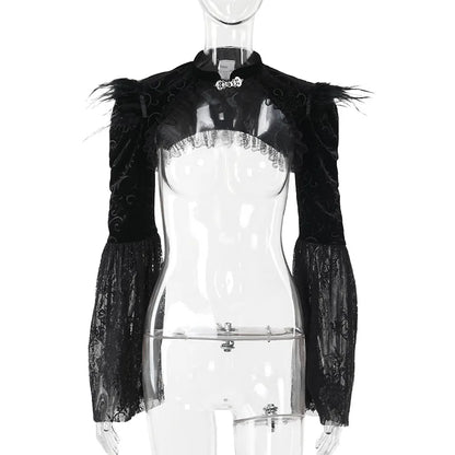 Dark Black Goth Vintage Flared Sleeve Lace Shoulder Cover