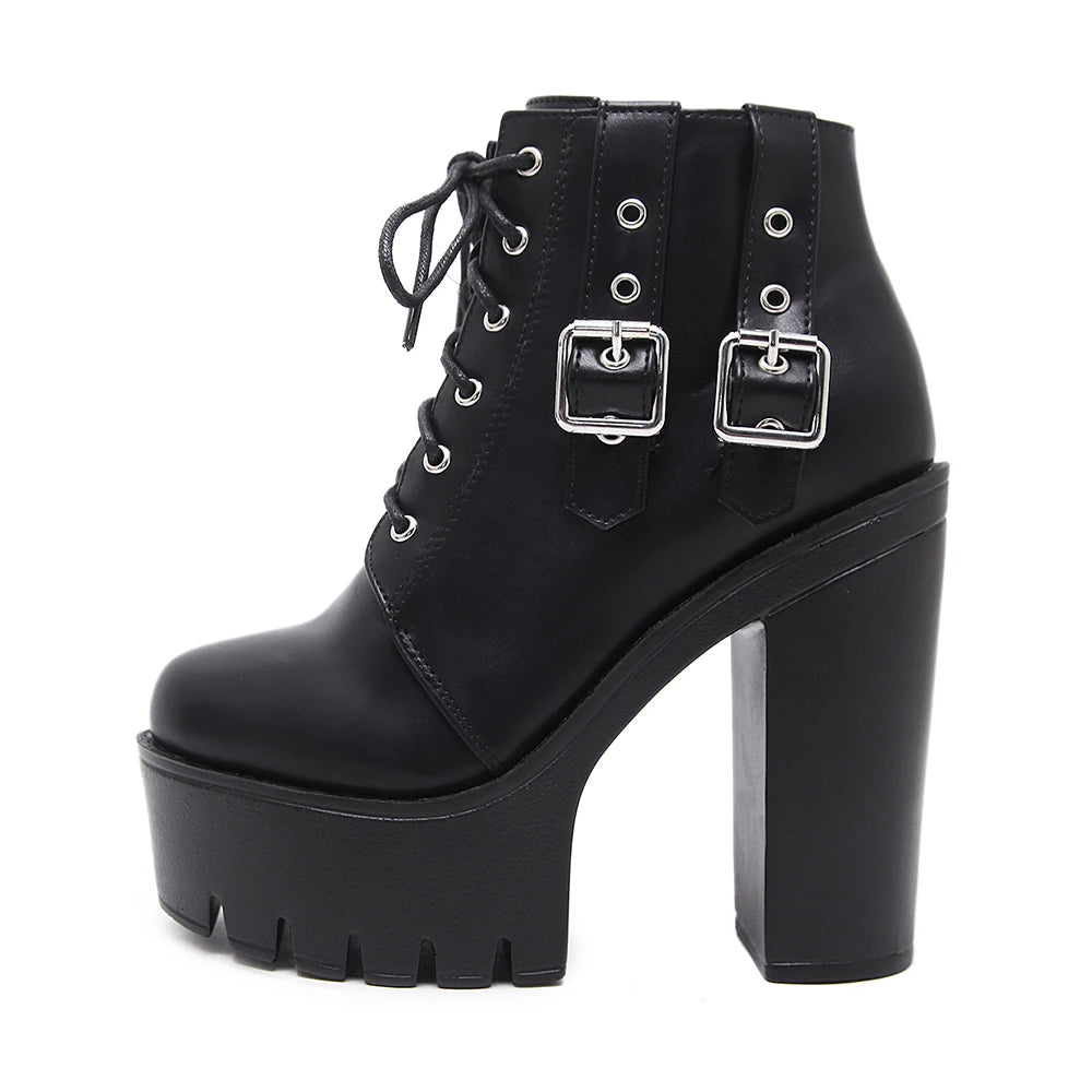 Gdgydh Goth Heeled Boots for Women Nightclub High Platform Heels Shoes Fashion Belt Buckle Short Boots with Zipper