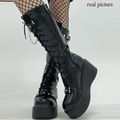 Platform brand new Design Gothic Street Women Boots Wedge High Heel Mary Janes Cosplay Dark Black Shoes For Woman Lolita Booties