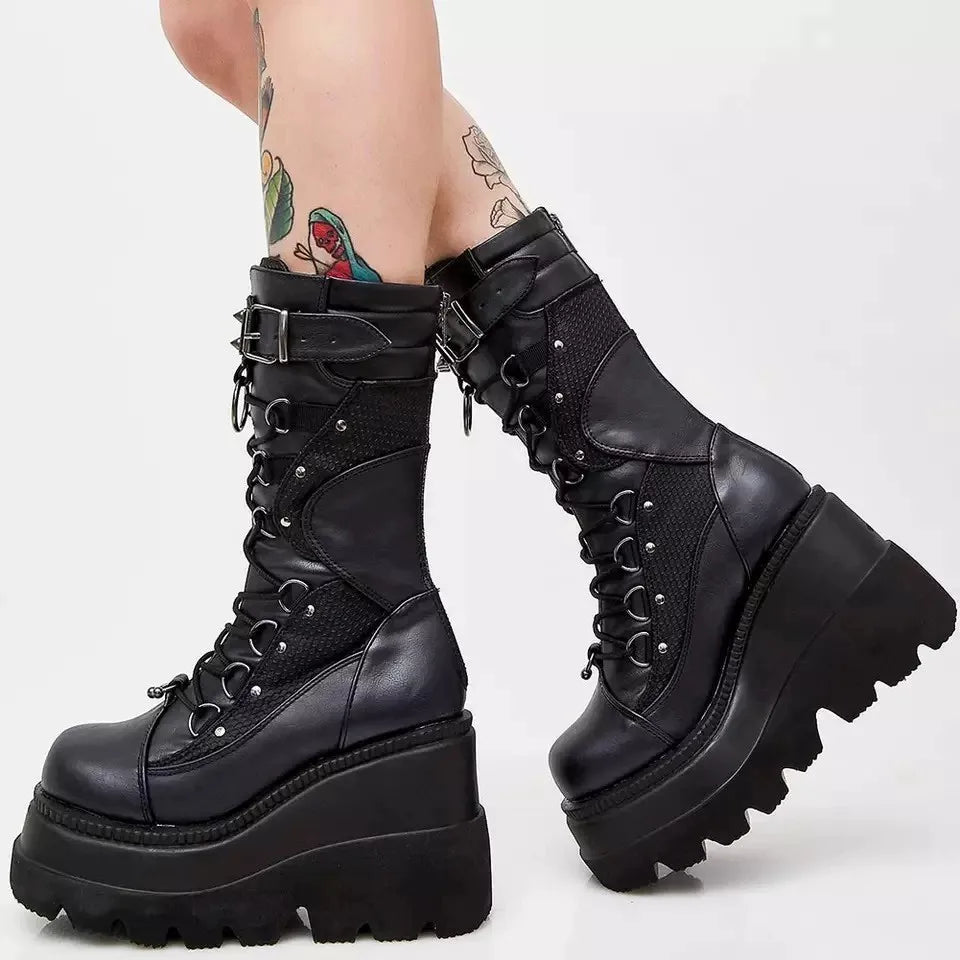 Brand Design Ladies High Platform Boots Big Size Rivet Goth High Heels Boots Women Cosplay Wedges Punk Shoes Woman Gothic Shoes