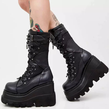 Brand Design Ladies High Platform Boots Big Size Rivet Goth High Heels Boots Women Cosplay Wedges Punk Shoes Woman Gothic Shoes