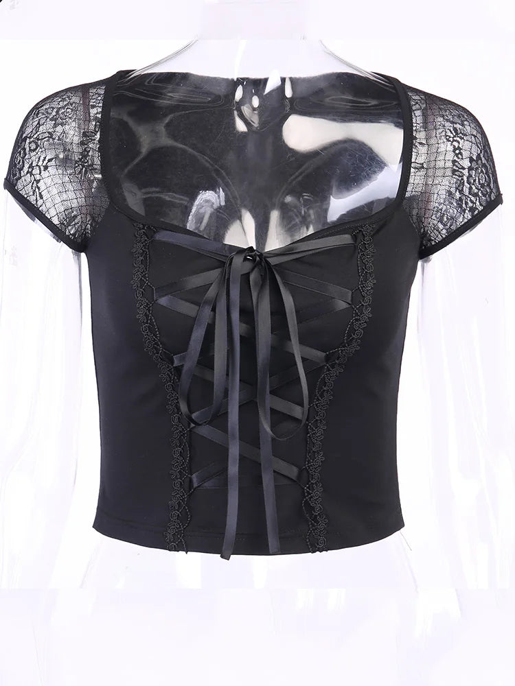 Vintage Bodycon Bandage Lace Black T-shirts