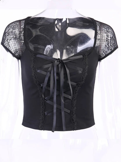 Vintage Bodycon Bandage Lace Black T-shirts