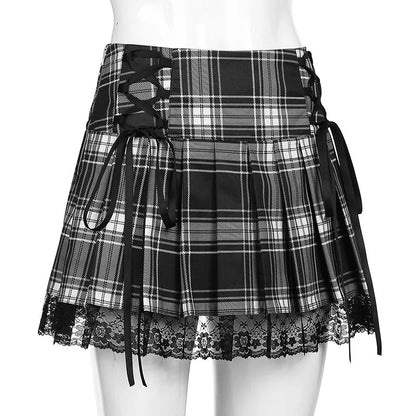 Goth Skirts Summer Y2K Woman Skirts Pink Stripe Plaid Lace Trim Pleated School Plaid Skirt Ladies Aesthetic Tie Up Jupe Femme
