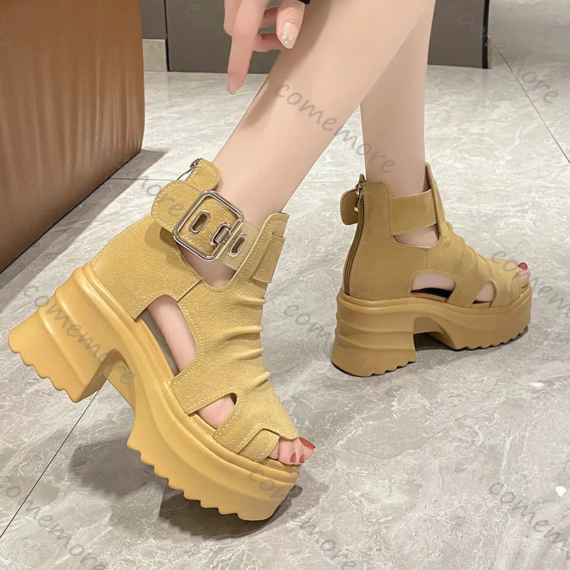 Gothic Platform Sandals Women Summer Wedges Peep Toe Gladiator Shoes Woman Thick Bottom 8cm High Heels Sandalias Mujer