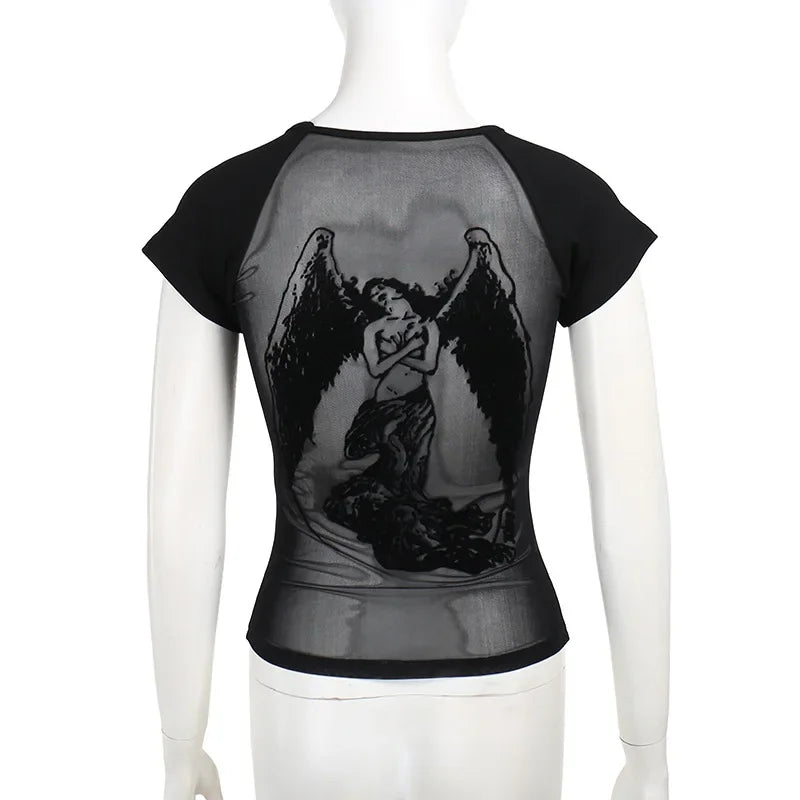Gothic See Through Angel Graphic Print T-shirt